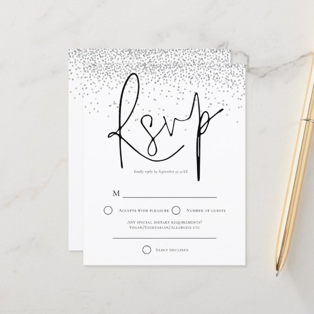 RSVP de Casamento de Glitter Silver Mínimo de Orça (Frente/Verso In Situ)