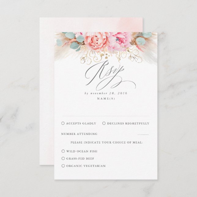RSVP de Casamento de Grama Pampas Floral Rosa-Blus (Frente/Verso)