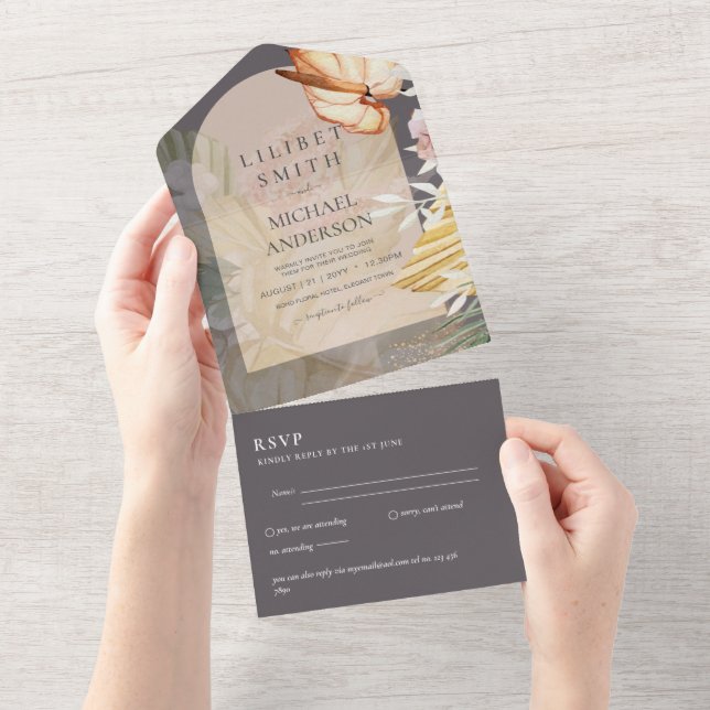 RSVP de Casamento de Grass Boho Pampas 3in1 (Tearaway)