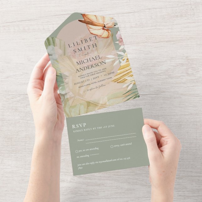 RSVP de Casamento de Grass Boho Pampas 3in1 (Tearaway)