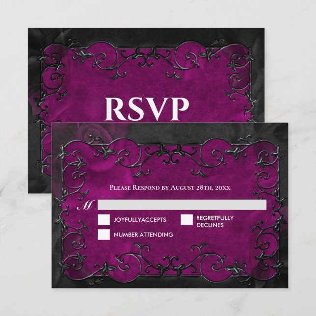 RSVP de casamento de Halloween gótico roxo escuro (Frente/Verso)