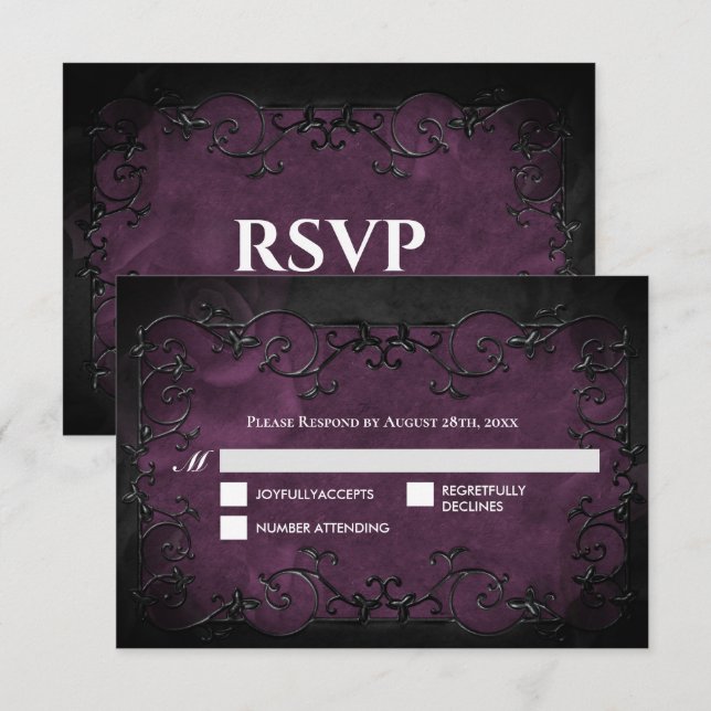 RSVP de casamento de Halloween gótico roxo escuro (Frente/Verso)