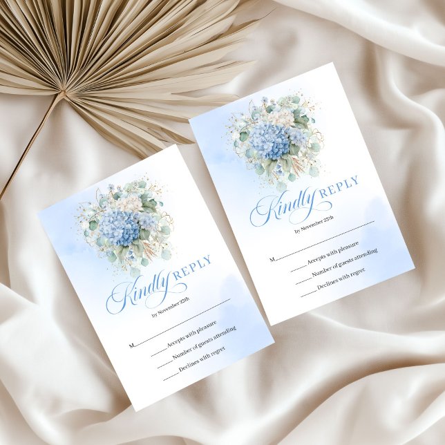 RSVP de casamento de Hortênsia Azul Moderna com Eu (Modern Blue Hydrangea Eucalyptus Wedding RSVP)