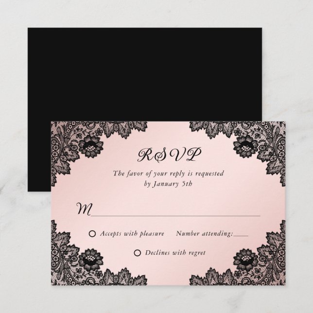 RSVP de Casamento de Lace Floral de Preto e Blush  (Frente/Verso)
