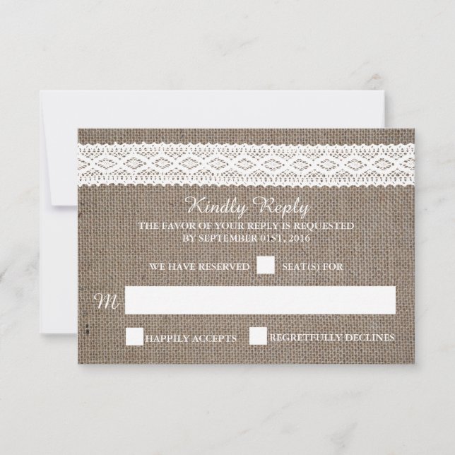 RSVP de Casamento de Locais Brancos Rustic Burlap  (Frente)