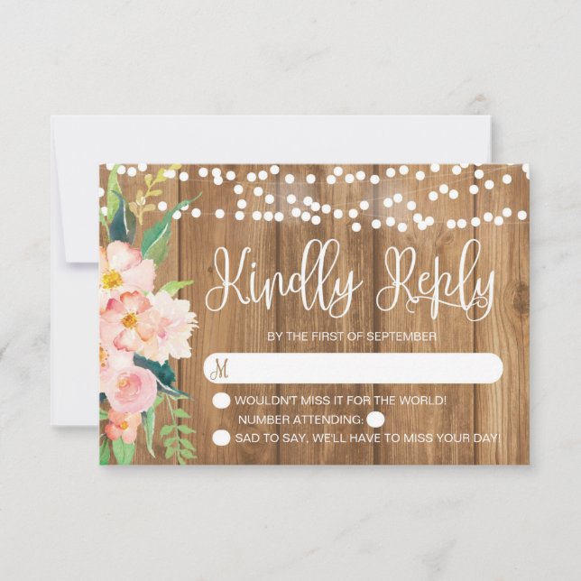 RSVP de Casamento de Madeira e Floral Rosa Russo (Frente)