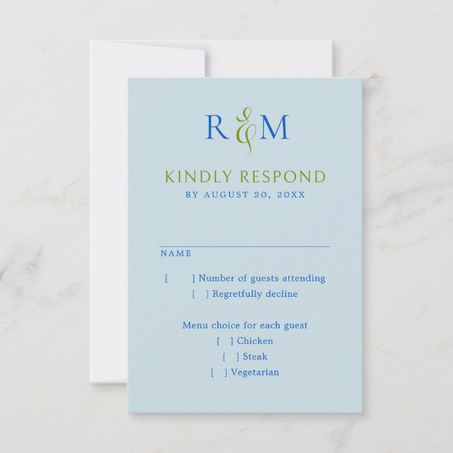 RSVP de Casamento de Monograma Simples Azul Verde  (Frente)