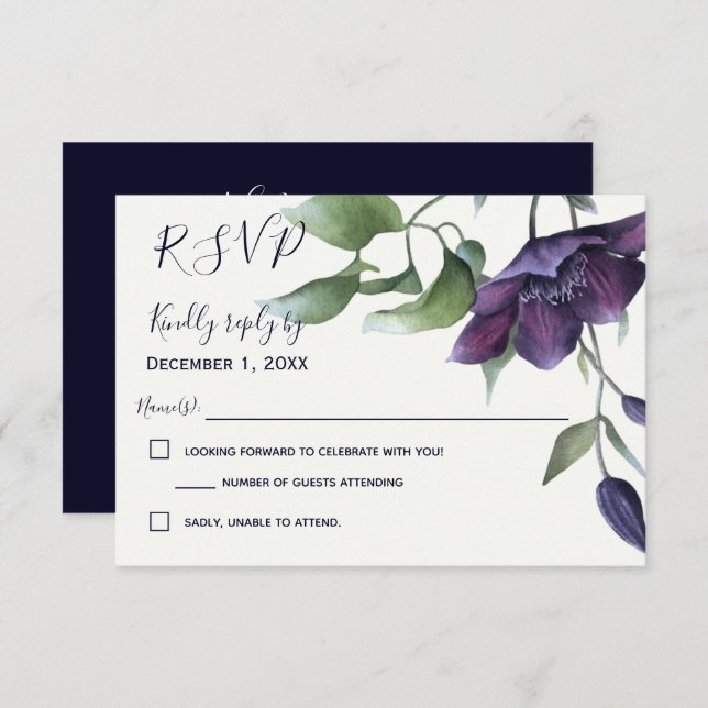 RSVP de Casamento de Nata Azul de Marinho Roxo Ele (Frente/Verso)