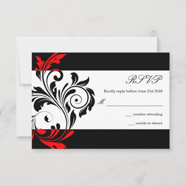 RSVP de Casamento de Nave Floral Negra e Vermelha (Frente)