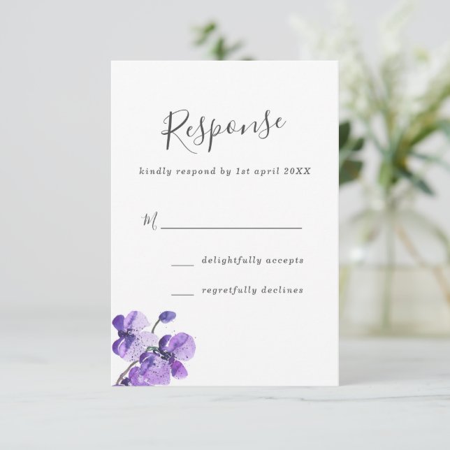 RSVP de Casamento de Orquídeas de Aquarelas Violet (Em pé/Frente)