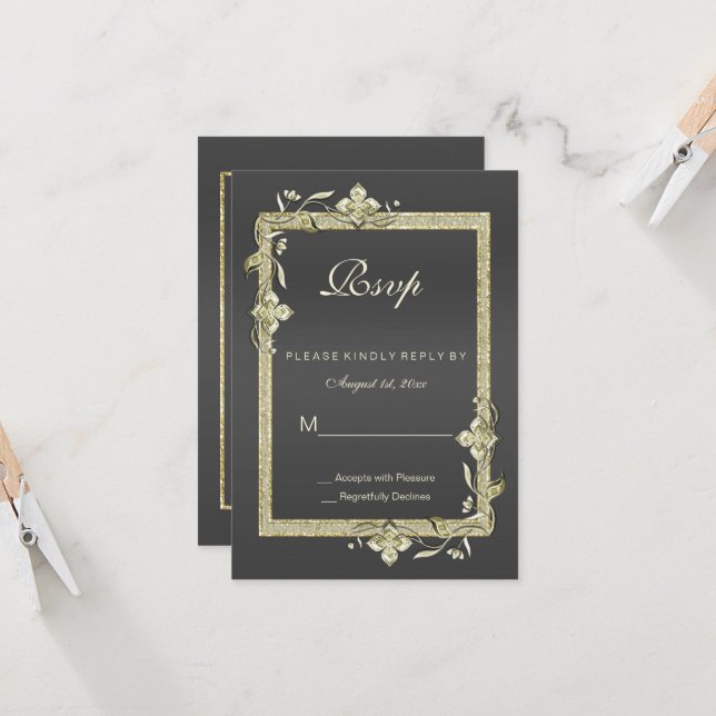 RSVP de Casamento de Ouro Dourado Gem, Glitter e B (Frente/Verso In Situ)
