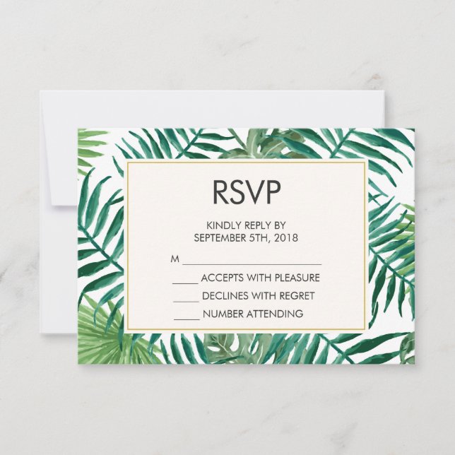 RSVP de Casamento de Padrão de Folhas Tropicais (Frente)