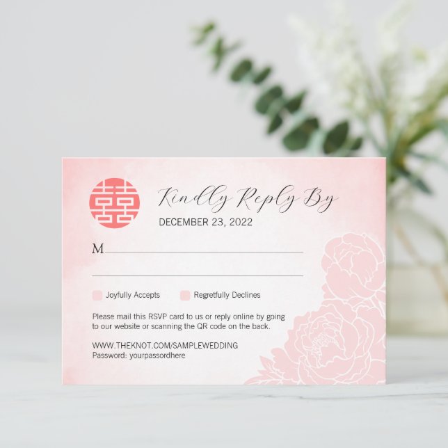RSVP de Casamento de Peony de Aquarela Chinesa com (Em pé/Frente)