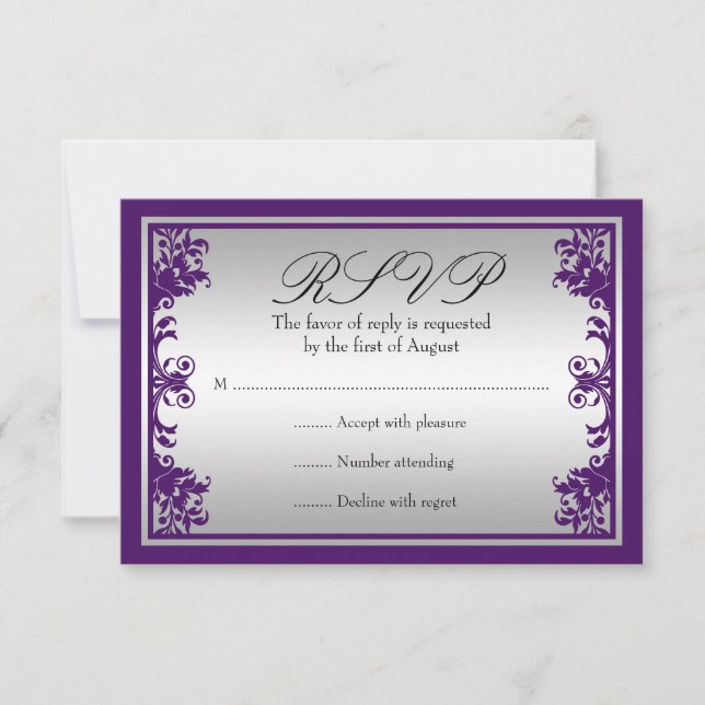 RSVP de Casamento de Pergaminho Flourish Prata Púr (Frente)