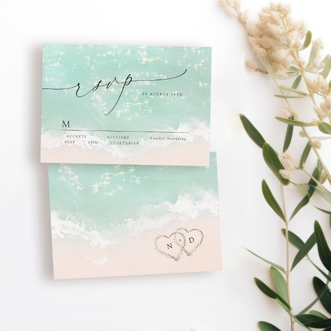 RSVP de Casamento de Praia do Sand Hearts do Scrip (Modern Script Sand Hearts Beach Wedding RSVP)