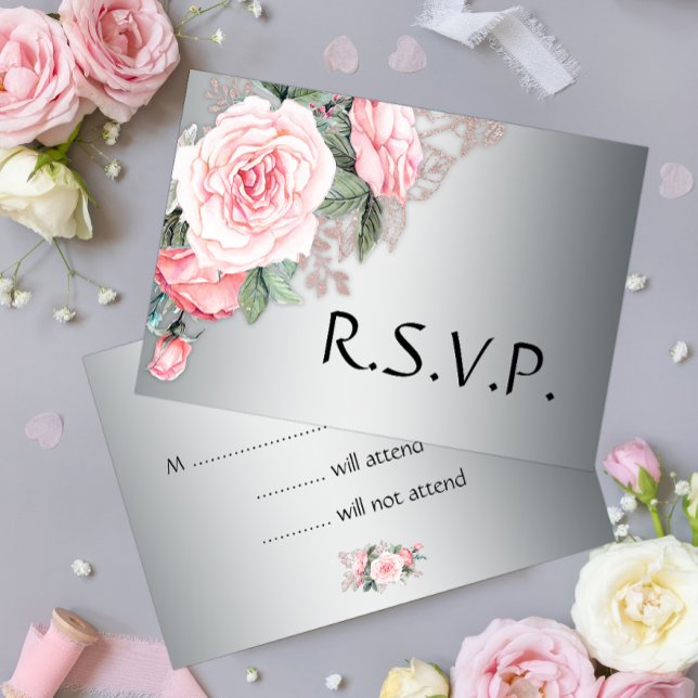 RSVP de Casamento de Prata e Rosas Rosa (Criador carregado)