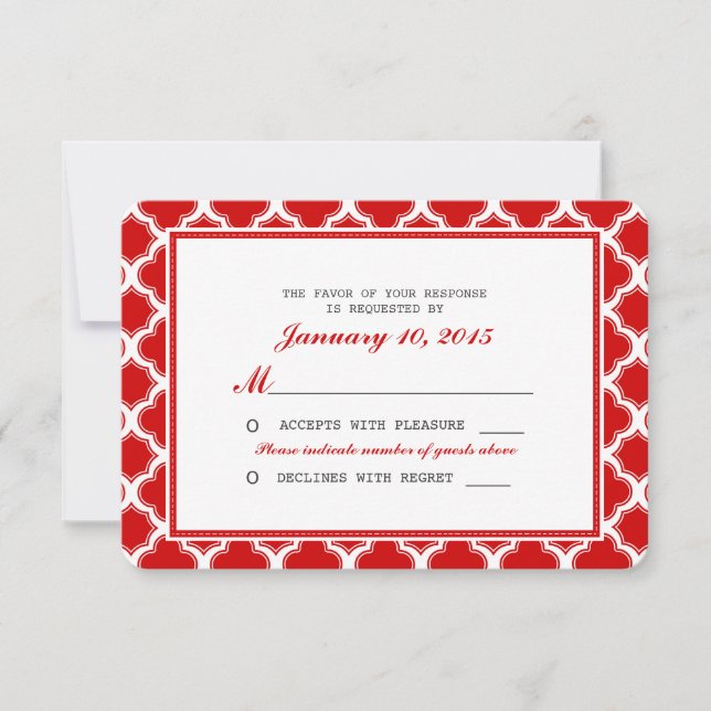 RSVP de Casamento de Quatrefoil Vermelho e Branco (Frente)