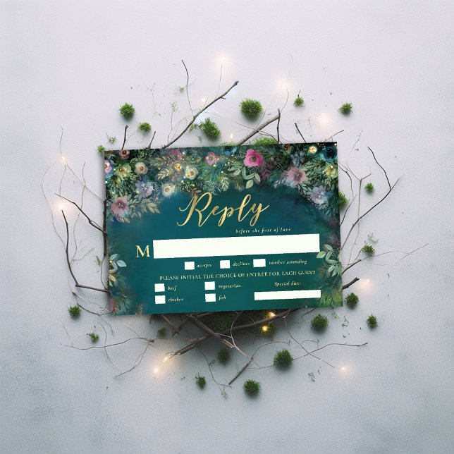 RSVP de Casamento de Refeições de Rosas de Florest (enchanted forest rsvp reply meal choice magical fairy tale woodland roses gold emerald green)