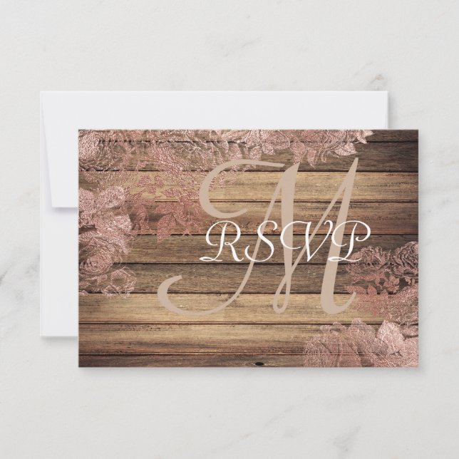 RSVP de Casamento de Rosa de Madeira Rústica Monog (Frente)