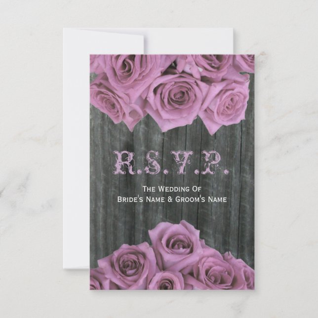RSVP de Casamento de Rosas Rosa e Barnwood (Frente)