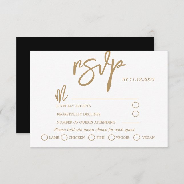 RSVP de Casamento de Script de Caligrafia Dourada  (Frente/Verso)
