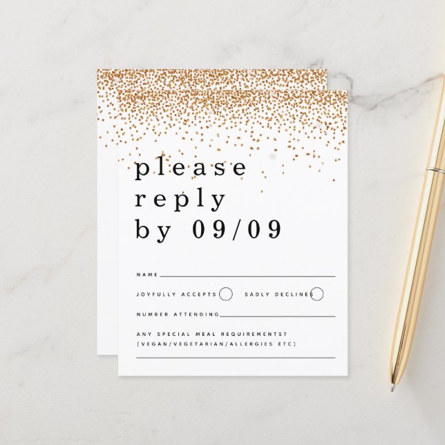 RSVP de Casamento de Script de Confetti Dourado de (Frente/Verso In Situ)