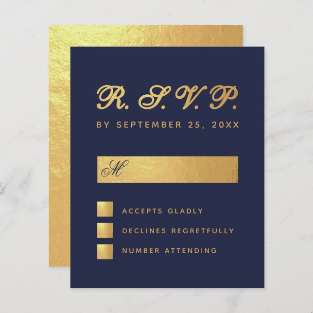 RSVP de Casamento de Script Dourado Azul Faux Faux (Frente/Verso)