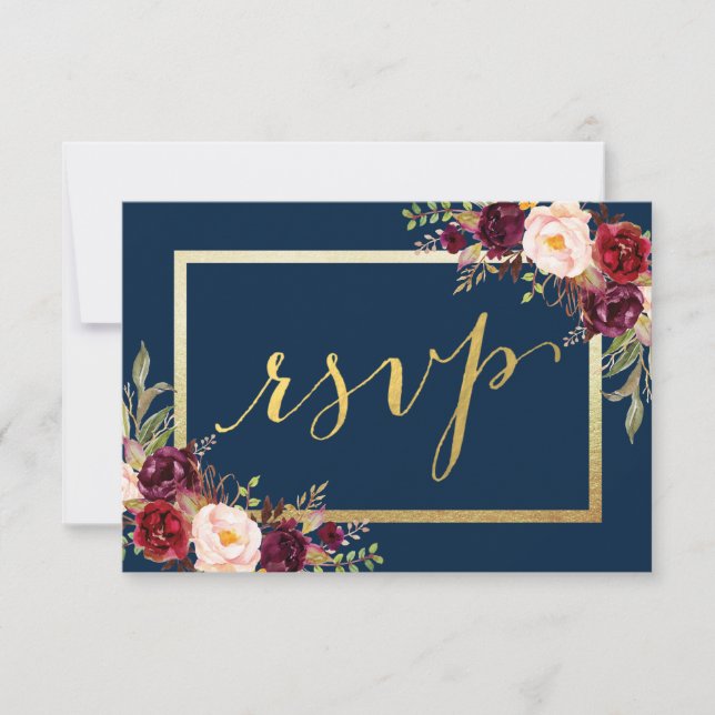 RSVP de Casamento de Script Dourado Azul Floral Bu (Frente)