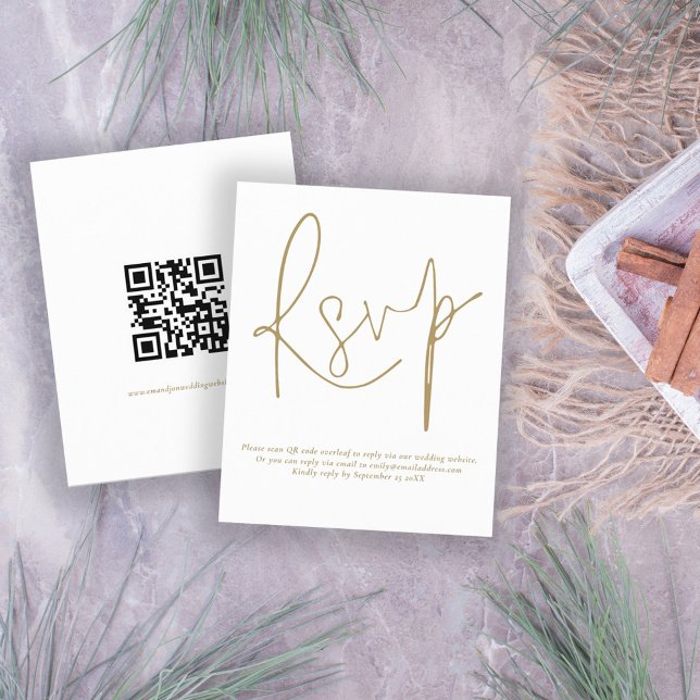 RSVP de Casamento de Script Dourado de Código QR S (Front and back view. )