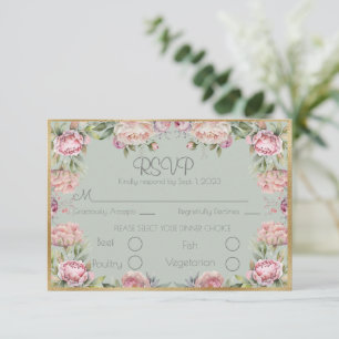 RSVP de Casamento de Script Dourado de Peônias Flo