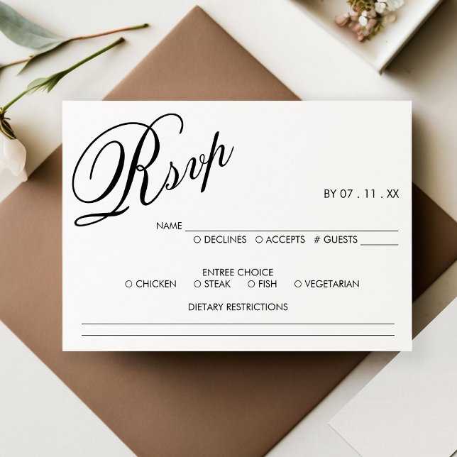 RSVP de Casamento de Script Elegante Branco e Pret (White & Black Elegant Script Wedding RSVP)