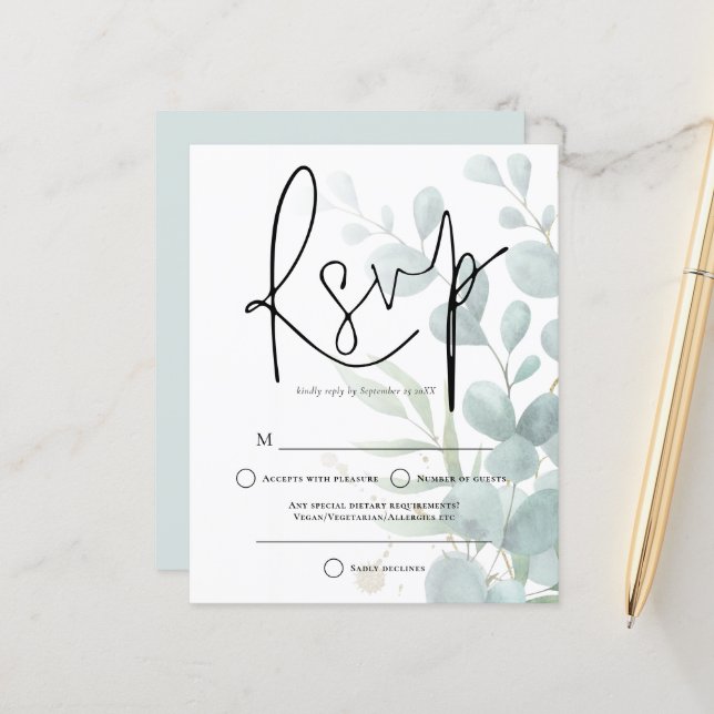 RSVP de Casamento de Script Elegante Eucalyptus El (Frente/Verso In Situ)