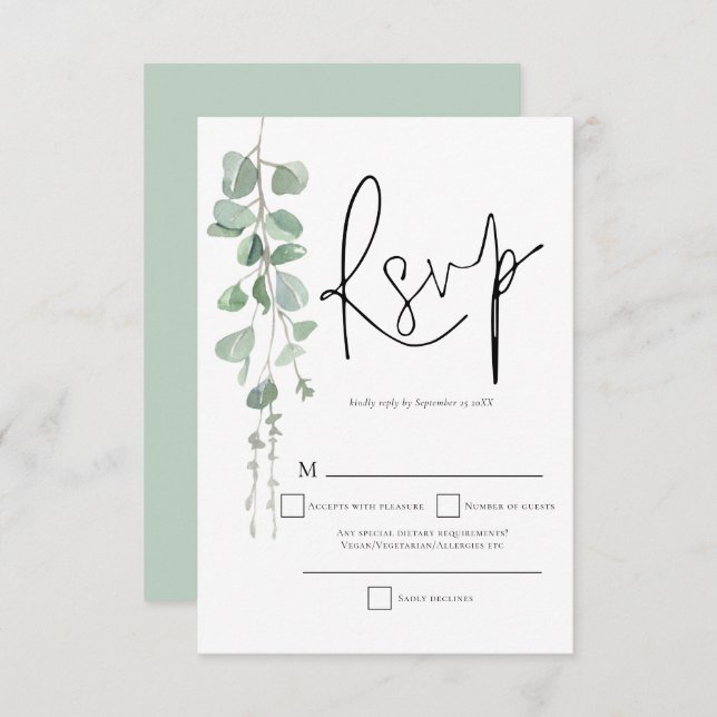RSVP de Casamento de Script Eucalyptus Elegante (Frente/Verso)