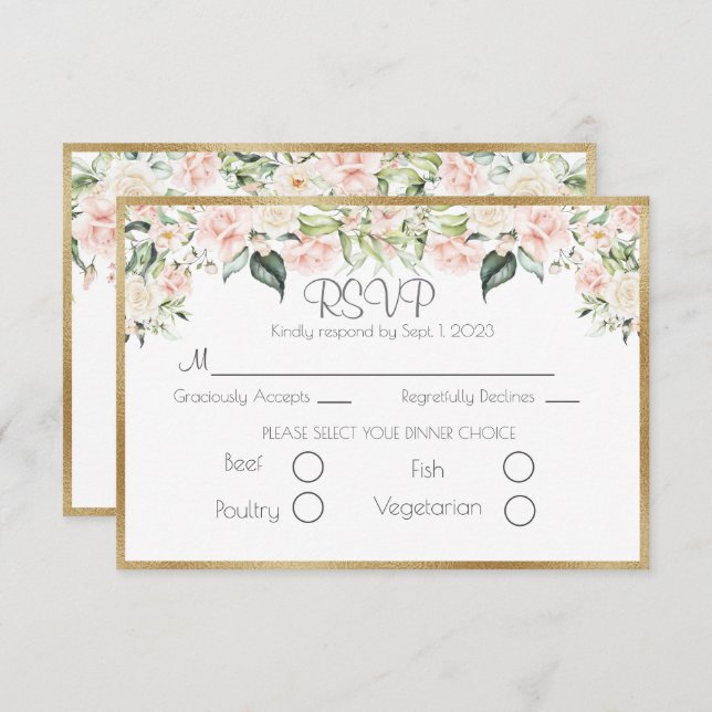 RSVP de Casamento de Script Floral Dourado Elegant (Frente/Verso)