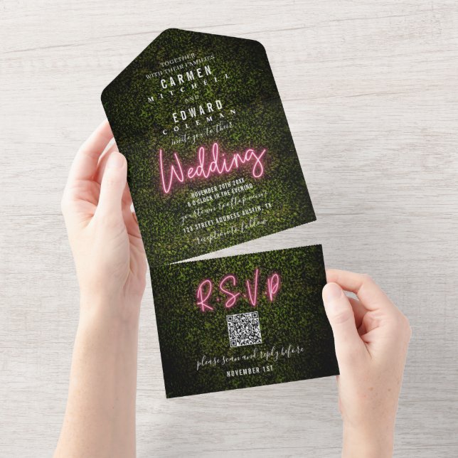 RSVP de Casamento de Sinal de Néon Boxwood e Rosa (Aba destacável)