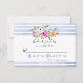 RSVP de Casamento de Stripe Azul Floral Moderno