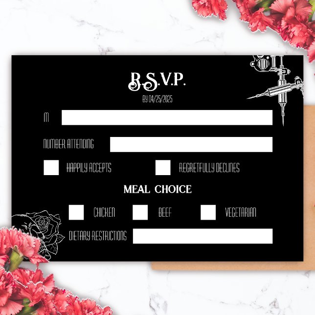 RSVP de Casamento de Tatuagem do Crânio Negro e Br (Black and White Skull Tattoo Wedding RSVP)
