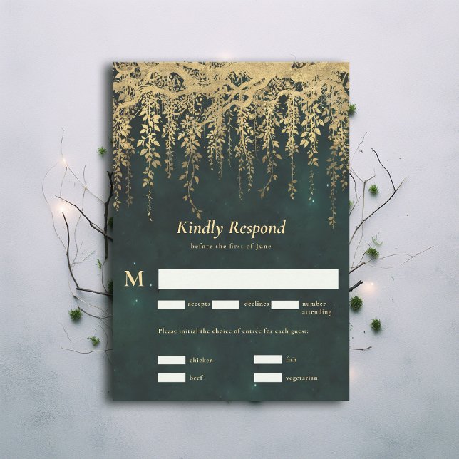 RSVP de Casamento de Vinhas Douradas Mágicas Flore (Enchanted Forest Magical Gold Vines Wedding RSVP draped foliage emerald green moody dark)