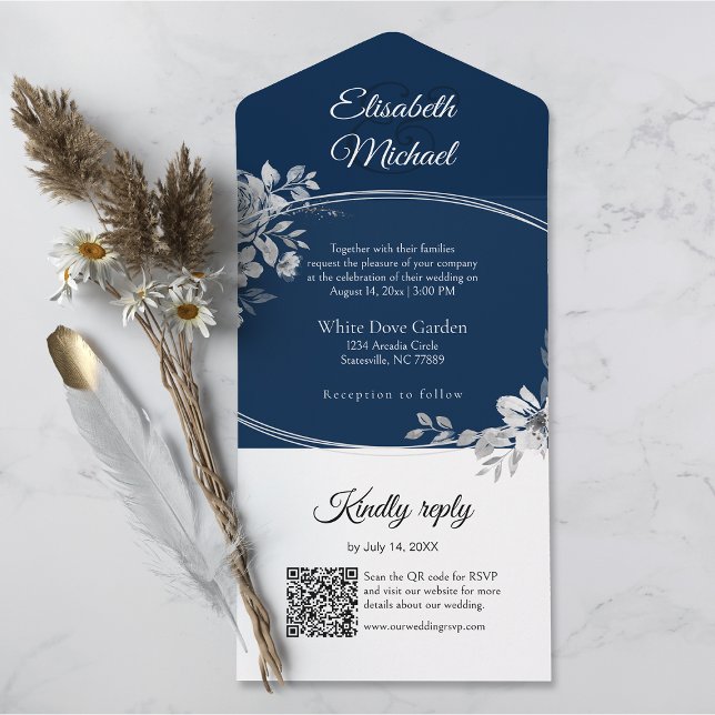 RSVP de Casamento do Código QR Azul do Elegante Ma (All-in-one wedding invitation with QR code to RSVP - Simplify and save time for you and your guests.)
