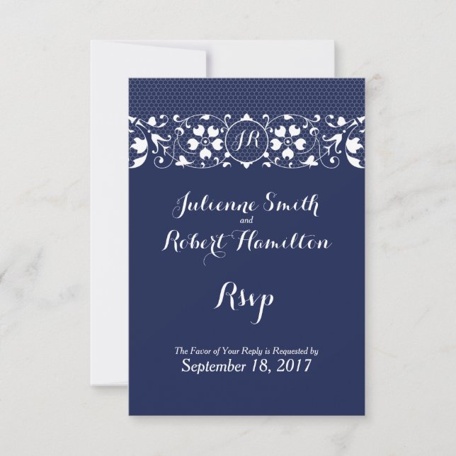 RSVP de Casamento do Monograma de Lace Azul marinh (Frente)