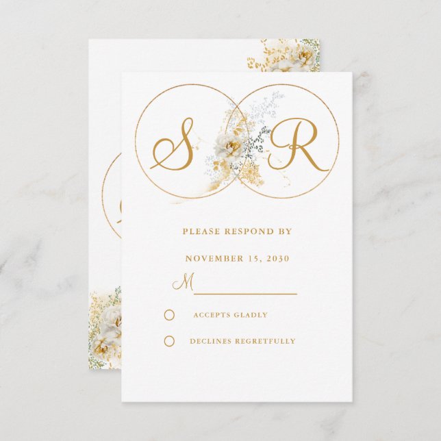 RSVP de Casamento do Monograma Dourado Elegante (Frente/Verso)