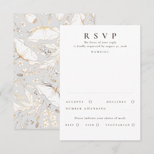 RSVP de Casamento Dourado de Flores Selvagens dese (Frente/Verso)