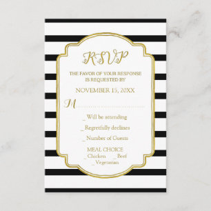 RSVP de Casamento Dourado de Stripes Negra e Branc