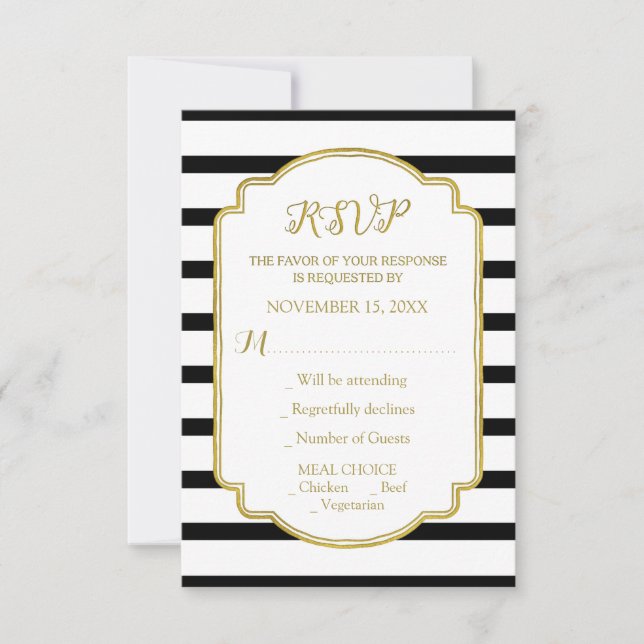 RSVP de Casamento Dourado de Stripes Negra e Branc (Frente)