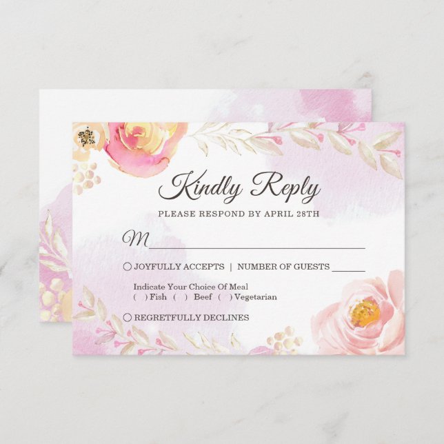 RSVP de Casamento Dourado e Rosa Girly primavera (Frente/Verso)