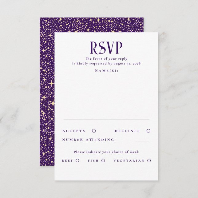 RSVP de Casamento Dourado e Roxo de Estrelas (Frente/Verso)