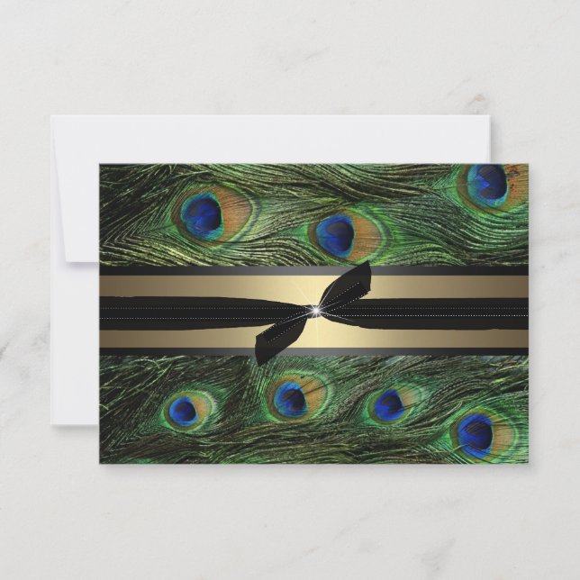 RSVP de Casamento Dourado e Verde da Peacock (Frente)