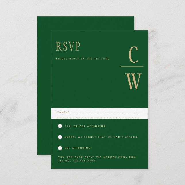 RSVP de Casamento Dourado Emerald Green (Frente/Verso)
