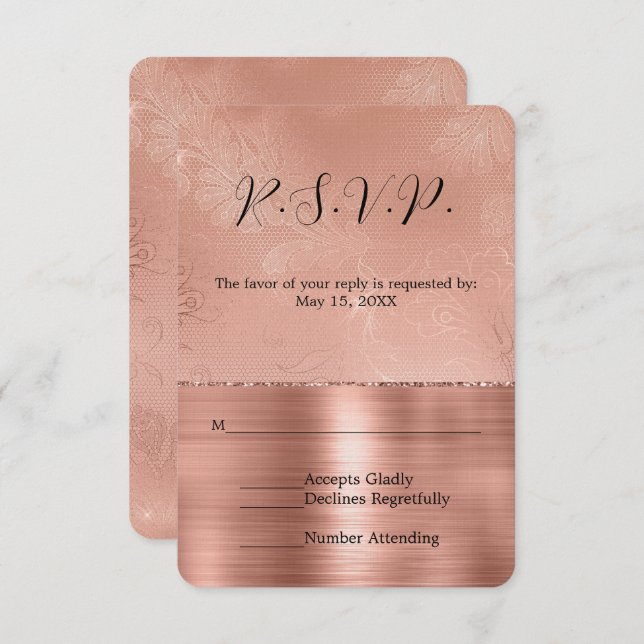 RSVP de Casamento Dourado Glam Lace de Rosa Rosa R (Frente/Verso)