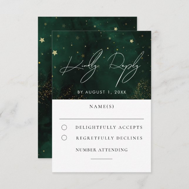 RSVP de Casamento Dourado Mágico de Aquarela Verde (Frente/Verso)